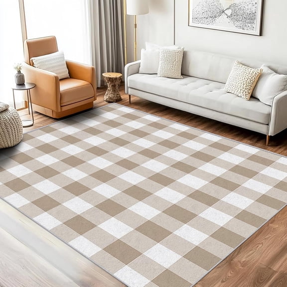 Buffalo Plaid Checkered Area Rugs, Tan White Gingham Carpet, Washable Non Slip Low Pile Soft Rug for Entryway Bedroom Kitchen Decor Mat 2ftx3ft