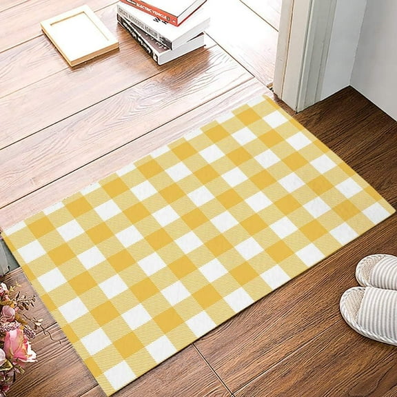 Buffalo Plaid Checkered Yellow and White Doormat Indoor Outdoor Entrance Door Mat Rug Decorative Garden Kitchen Door Mats 17x30 Inch