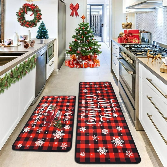 Buffalo Plaid Christmas Kitchen Decor - Red Truck Xmas Decorations for Bathroom,Floor,Living Room,Doorway 17"x30"+17"x47"