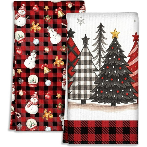 Buffalo Plaid Christmas Kitchen Towels - Christmas Theme 18x26 Inch Absorbent 2pcs Microfiber Dish Towels, Cute Holiday Designs with Xmas Tree for Decoration, Gifting, Housewarming