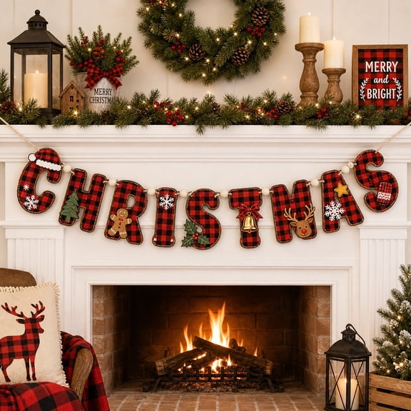 Buffalo Plaid Christmas Letters Wooden Garland Holiday Mantel Decor