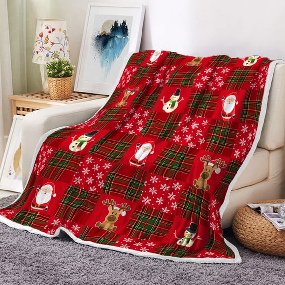 Buffalo Plaid Christmas Throw Blanket for Sofa Couch | Soft Flannel Fleece Red Green Checker Plaid Snowman Deer Pattern Decorative Throw | Warm Cozy Lightweight Microfiber | 50 x 60 Inches