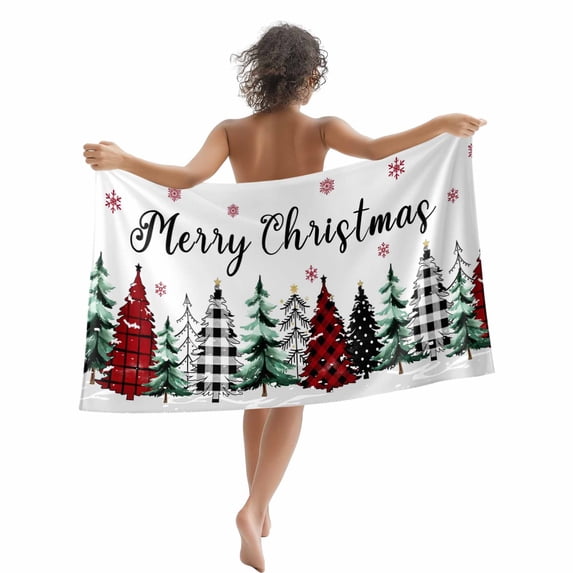 Buffalo Plaid Christmas Tree Beach Towels Blanket Soft&Absorbent Quick Dry Microfiber White Winter Snowflakes Pool Towels for Swimming ,Yoga, Sports, Gym, Camping,Large 30X60in,