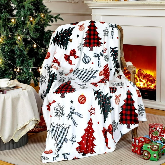Buffalo Plaid Christmas Tree Blanket Flannel Christmas Throw Blanket Xmas Red Black Blanket Colorful Christmas Trees Snowflake Farmhouse Decoration Gifts for Couch Bed Sofa Holiday 50" x 60"