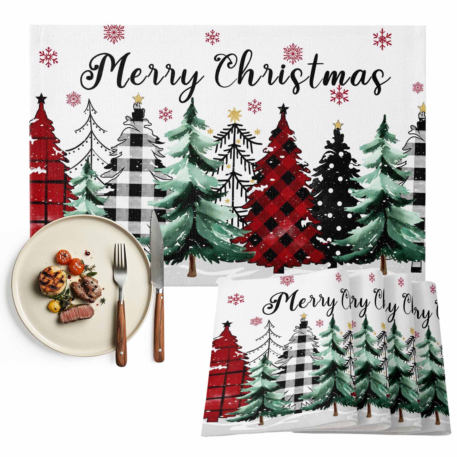 Buffalo Plaid Christmas Tree Placemats Set of 8, White Winter Snowflakes Table Mats Washable Heat-Insulation Non-Slip Place Mats for Kitchen Dinner Table Indoor Outdoor Decor,13x19 Inch