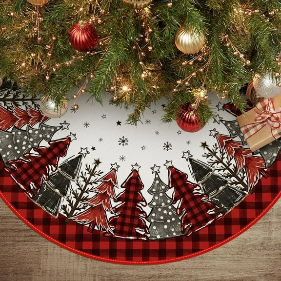 Buffalo Plaid Christmas Tree Skirt 48 Inch, Winter Holiday Tree Mat Decoration