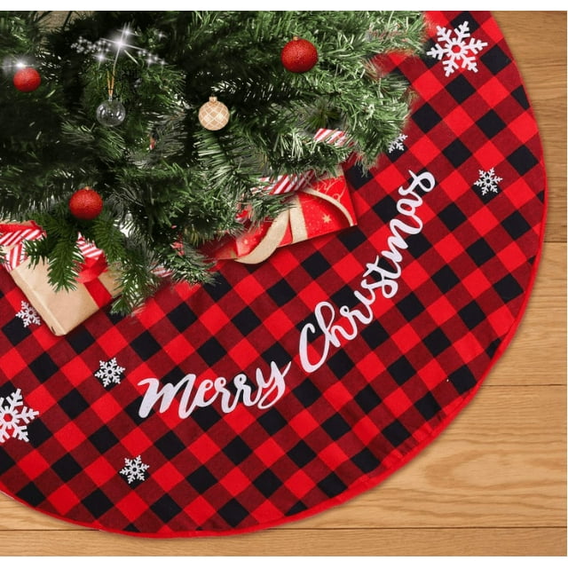 Buffalo Plaid Christmas Tree Skirt, Red and Black Rustic Xmas Tree