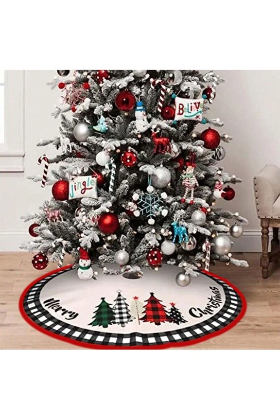 Buffalo Plaid Christmas Tree Skirt with Xmas Trees for Holiday Gathering