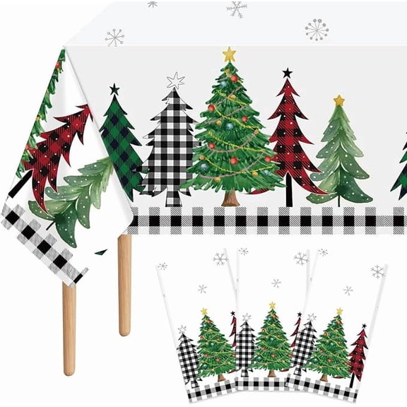 Buffalo Plaid Christmas Tree Tablecloths 3 Piece Waterproof Black and White 54 x 108 Inches
