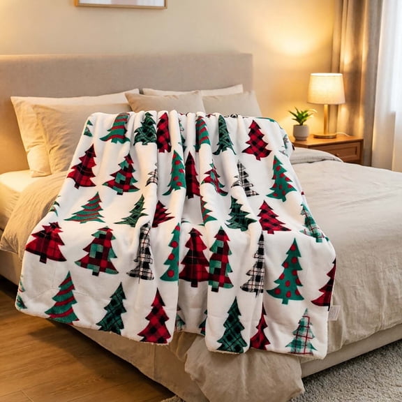 Buffalo Plaid Christmas Tree Throw Blanket for Armchair, Soft Flannel Warm Cozy Decor Cover, Washable Blanket for Indoor Use.