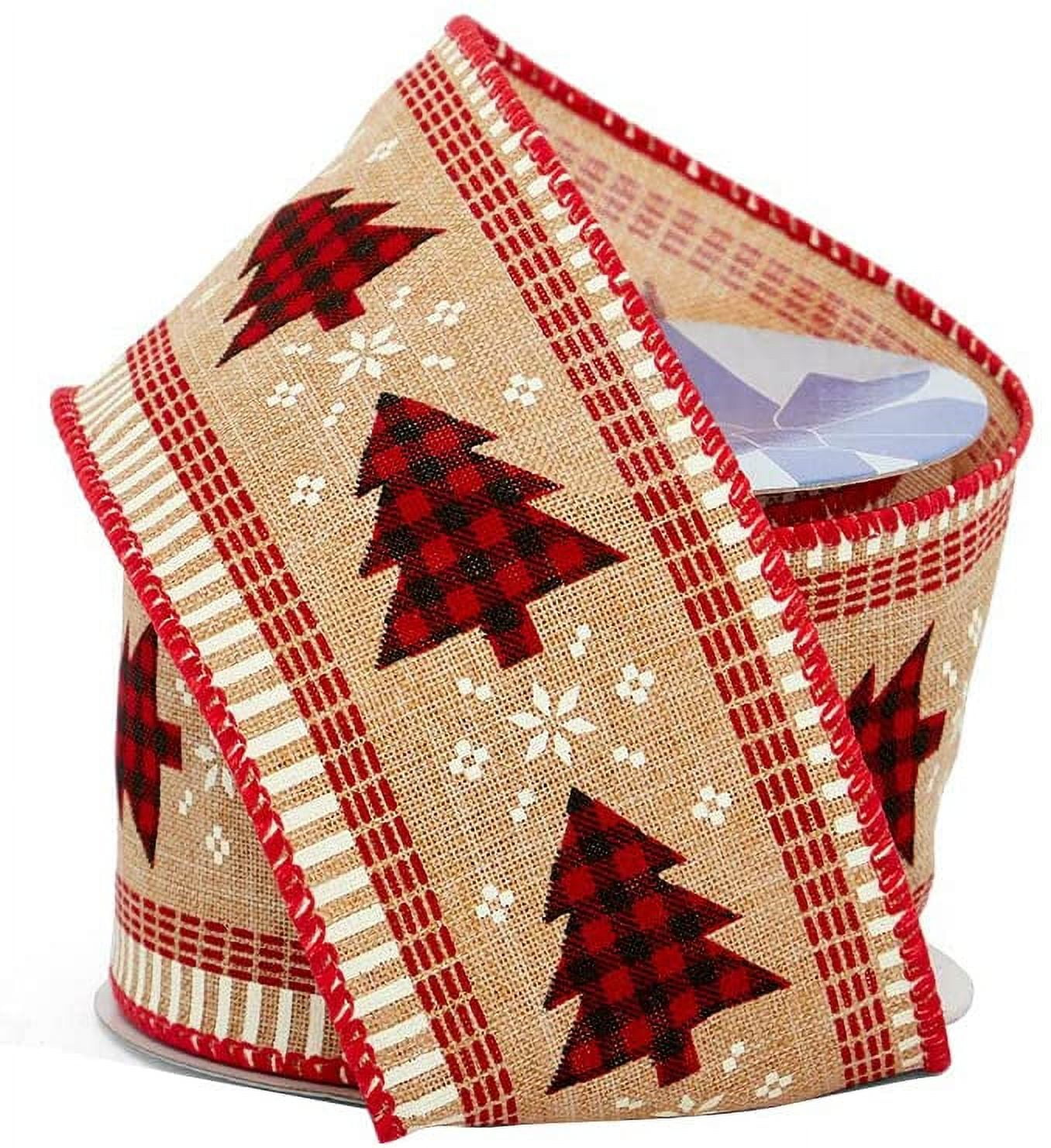 Buffalo Plaid Christmas Trees Ribbon - 2 1/2" x 10 Yards, Wired Edge, White Snowflakes, Glitter, Buffalo Check, Black, Red