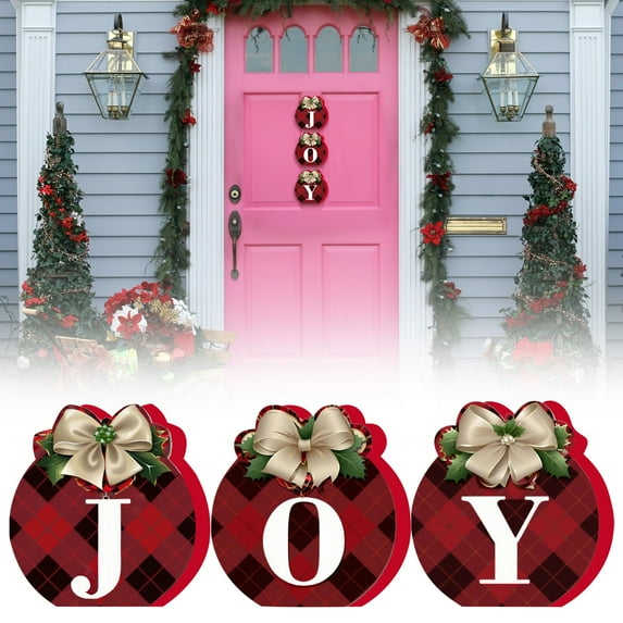 Buffalo Plaid Christmas Wreaths for Front Door - 3pcs Rustic Christmas Decor Joy Signs Wreaths for Door Holiday Xmas Garage Door Wall Decorations,Christmas Decorations Outdoor