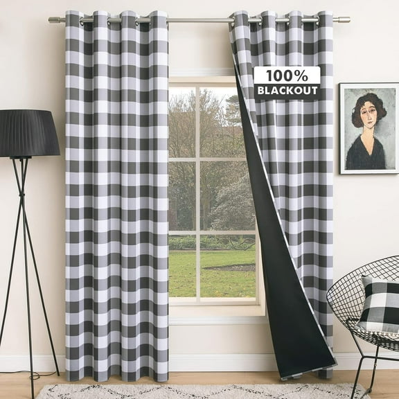 Buffalo Plaid Curtains for Farmhouse Bedroom, Blackout Window Drapes with Grommets for Living Room Darkening Light Blocking and Thermal Insulated Set of 2 Panels, W 52" x L 84" Grey and White