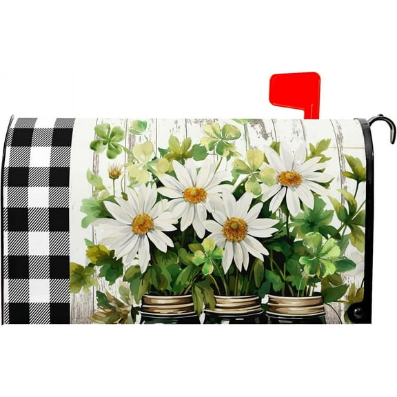 Buffalo Plaid Daisy Mailbox Covers Magnetic Spring Summer Floral Mailbox Covers Farmhouse Welcome Mailbox Cover Standard Size 21 x 18 Inch Waterproof Post Box Cover Wraps Garden Yard Decor for Outdoor