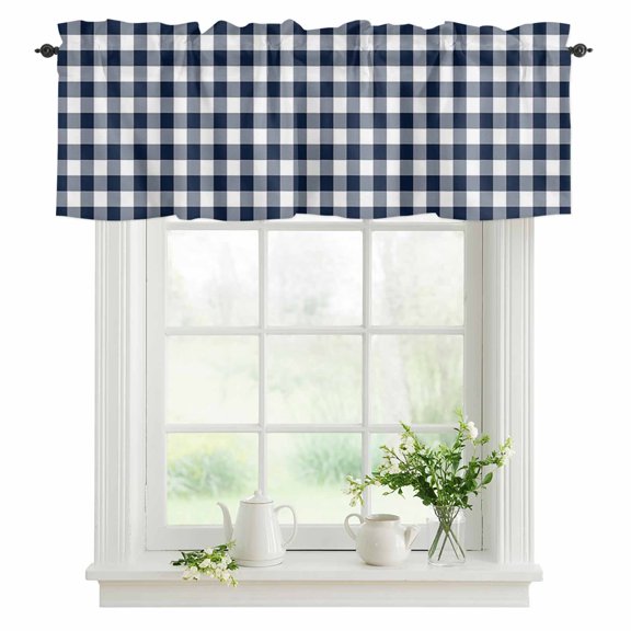 Buffalo Plaid Dark Blue Check Valances for Windows, Rod Pocket Kitchen Valance Curtains - Soft & Washable Small Window Treatment for Living Room, Bathroom, Farmhouse Style 42x12inch, 1 Panel