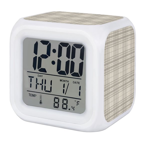 Buffalo Plaid Digital Alarm Clock for Bedrooms, Smart LED Alarm Clock with 7 Color Changing Night Light, Slate Gray Farmhouse Gingham Striped Silent Wake Up Clocks for Sleep Study Cooking 3.2"x3.2"