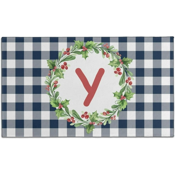 Buffalo Plaid Doormat Non-Slip Absorbent Resist Dirt Wreath Front Door Mat Machine Washable Letter Y Welcome Mats Outdoor Inside Floor Rugs for Entryway 30" X 17"