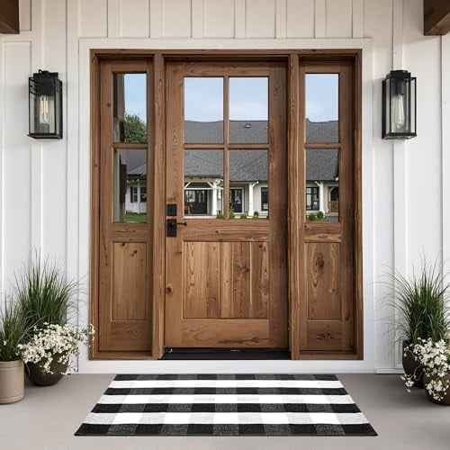 Buffalo Plaid Doormats Rug 27.5 x 43 Inches Black and White Checkered Rug Cotton Hand-Woven Front Doormat Outdoor or Indoor Rugs for Front Porch, Farmhouse, Entryway