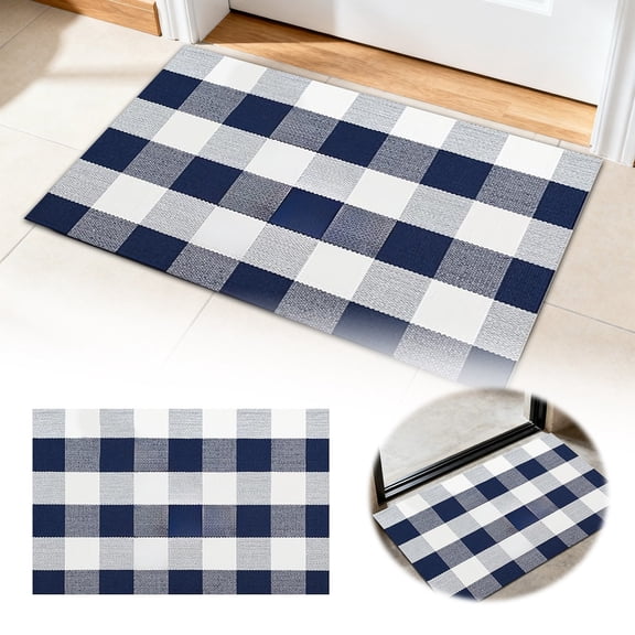 Buffalo Plaid Doormats Rug 51.2 x 23.6 Inches Checkered Rug Cotton Hand-Woven Front Doormat Outdoor or Indoor Rugs for Front Porch, Farmhouse, Entryway, Blue and White