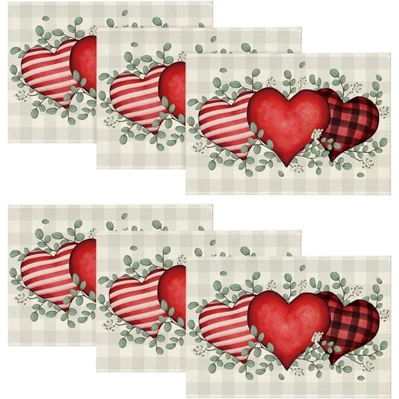 Buffalo Plaid Eucalyptus Hearts Valentine Placemats Set of 6, 12x18 Inch Wedding Holiday Table Mats for Party Kitchen Dining Decoration