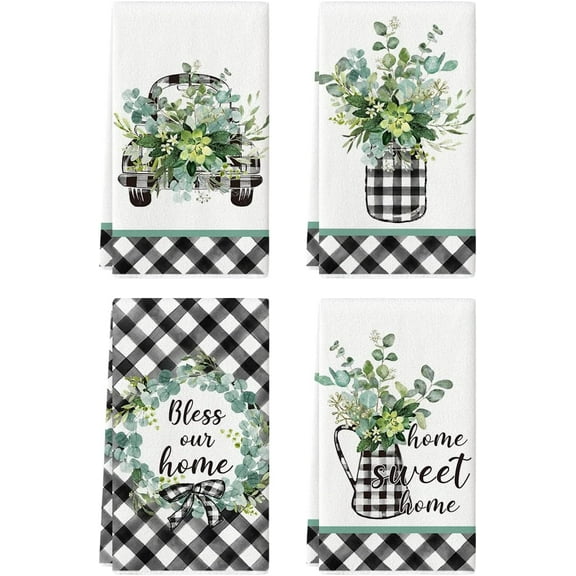 Buffalo Plaid Eucalyptus Home Sweet Home Kitchen Towels Dish Towels, 18x26 Inch Seasonal Decoration Hand Towels Set of 4