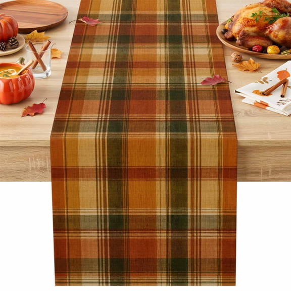 Buffalo Plaid Fall Cotton Linen Rectangle Table Runners 13"x36", Thanksgiving Orange Brown Autumn Harvest Coffee Table Runner Dresser Scarves Table Runners for Wedding Party Banquet Dinner Decor