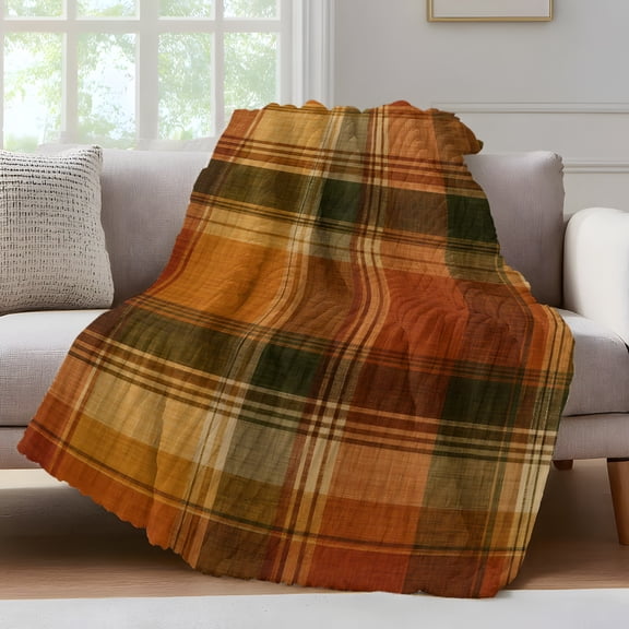 Buffalo Plaid Fall Fleece Throw Blanket for Couch, Thanksgiving Orange Brown Autumn Harvest Microfiber Flannel Blanket for All Season, Lightweight Soft Throw Blankets for Girls, Kids, Teens, 40"x60"