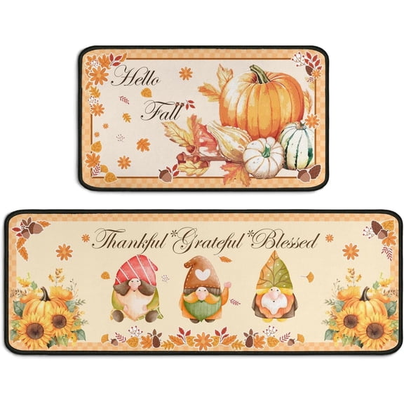 Buffalo Plaid Fall Kitchen Rug Set of 2, Hello Pumpkin Sunflower Orange Rugs Cute Gnome Mat, Autumn Thanksgiving Washable Non Slip Absorbent Microfiber Indoor Floor Decor Mats 17"x 47"+17"x 30"