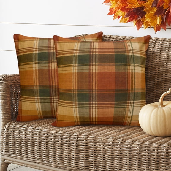 Buffalo Plaid Fall Outdoor Waterproof Throw Pillow Covers 16x16 Set of 2, Thanksgiving Orange Brown Autumn Harvest Decorative Pillowcases Cushion Pillowcase for Couch Sofa Outside Pillow Protector