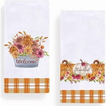 Buffalo Plaid Fall Pumpkin Autumn Flowers Kitchen Dish Towel 18 x 26 Inch Set of 2, Harvest Thanksgiving Holiday Tea Towels Dish Cloth for Cooking Baking