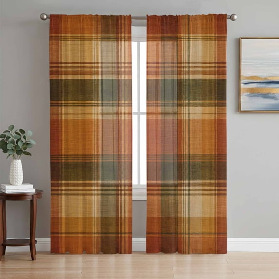 Buffalo Plaid Fall Sheer Curtains 63 Inch Length 2 Panels Set, Thanksgiving Orange Brown Autumn Harvest Window Treatment Rod Pocket Curtains Sheers Drapes for Bedroom/Living Room/Kitchen 52x"63"x2