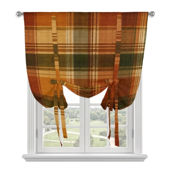 Buffalo Plaid Fall Tie Up Curtains for Windows, Adjustable Balloon Window Shades, Thanksgiving Orange Brown Autumn Harvest Kitchen Window Treatments Farmhouse Short Curtains with Rod Pocket 42"x45"