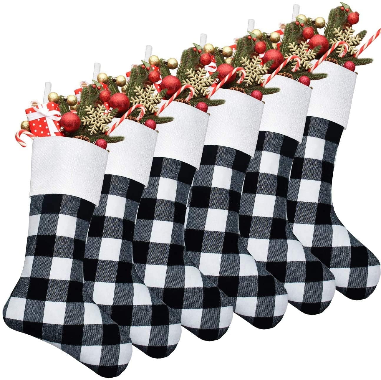 18-Inch Black and White Buffalo Plaid Christmas Stockings, Set of 6