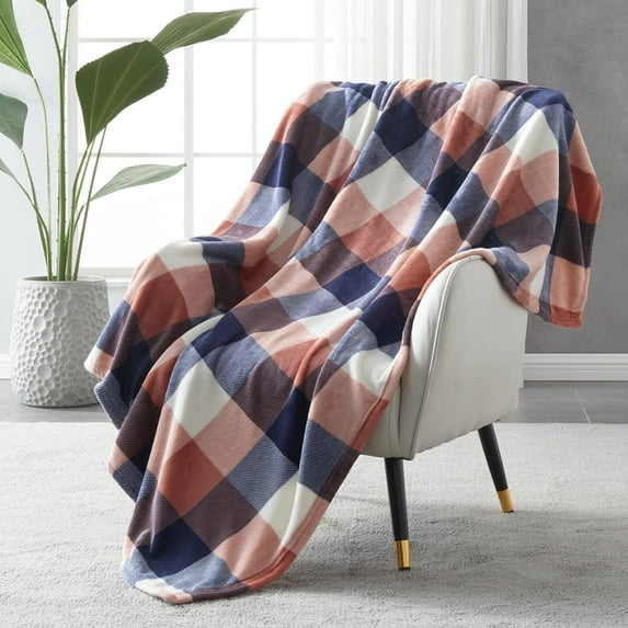 Buffalo Plaid Flannel Fleece Throw Blanket 50 x 60 Inches, Soft Lightweight Cozy All Season Coral Pink Checkered Blanket for Bed, Couch, Car