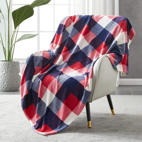 Buffalo Plaid Flannel Fleece Throw Blanket 50 x 60 Inches, Soft Lightweight Cozy All Season Red/Blue Checkered Blanket for Bed, Couch, Car