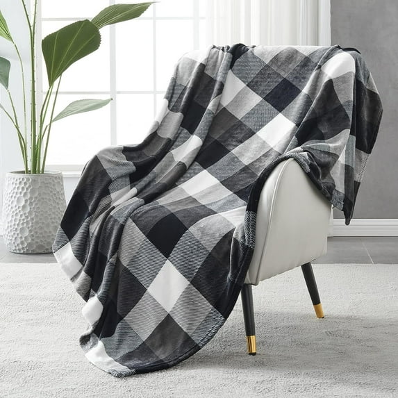 Buffalo Plaid Flannel Fleece Throw Blanket 60 x 80 Inches, Soft Lightweight Cozy All Season Black/White Checkered Blanket for Bed, Couch, Car