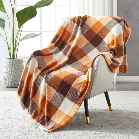 Buffalo Plaid Flannel Fleece Throw Blanket 60 x 80 Inches, Soft Lightweight Cozy All Season Orange Checkered Blanket for Bed, Couch, Car