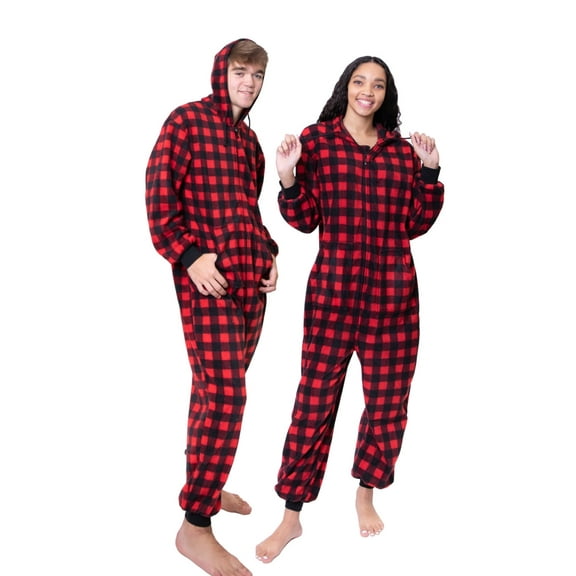 Buffalo Plaid Fleece Hoodie Onesie Pajama with Drop Seat Men & Women