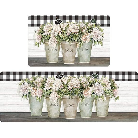 Buffalo Plaid Floral Farmhouse Kitchen Rugs Set 2 Piece Colorful Flowers Carnation Seasonal Decorative Rug for Kitchen Low-Profile Floor Mats Decorations for Home Kitchen 17x48+17x30 Inches