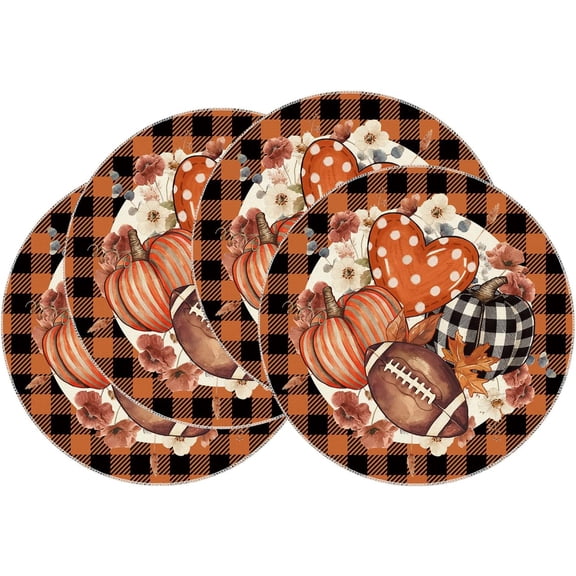 Buffalo Plaid Football Pumpkin Love Heart Flowers Fall Round Placemats Set of 4 Table Mats for Party Home Kitchen Dining Table Decorations 14x14 Inch
