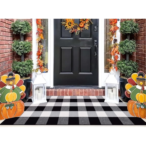 Buffalo Plaid Front Porch Rug 24''x 51''Black and White Checkered Outdoor Rug Cotton Machine Washable Farmhouse Mat for Outdoor, Kitchen, Farmhouse, Entryway,Bathroom