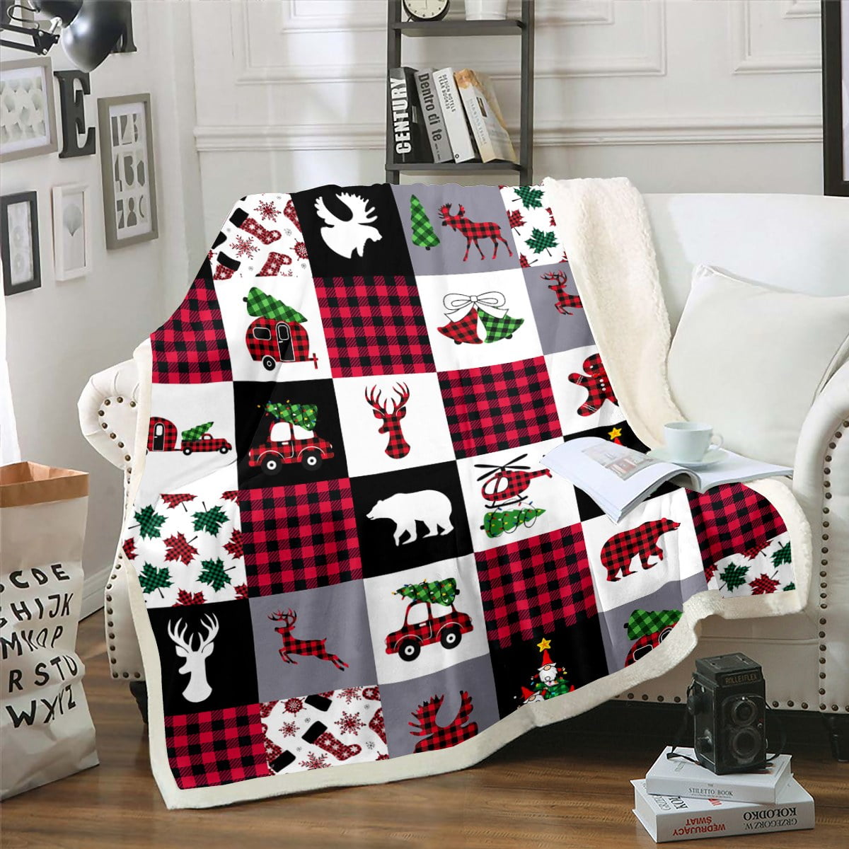 Buffalo Plaid Fuzzy Blanket Christmas Reindeer Bear Moose Throw Blanket ...