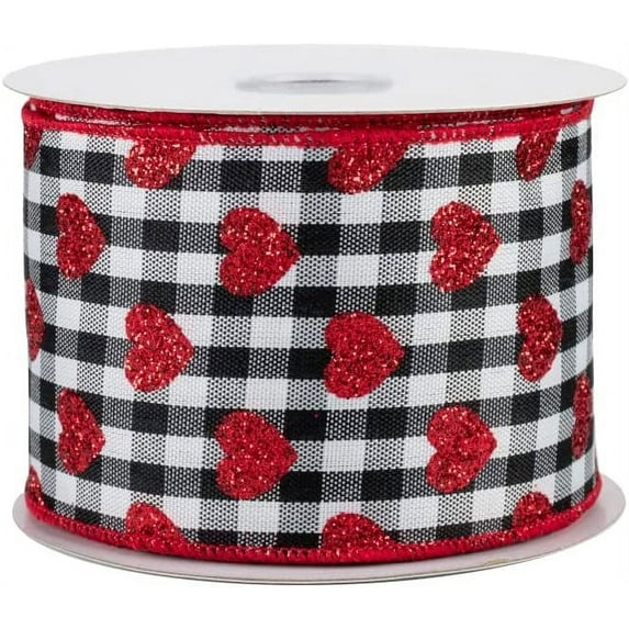 Buffalo Plaid Glitter Hearts Ribbon – 2 1/2" x 10 Yards, White & Black Checks, Red Glitter Heart on Wired Ribbon, Christmas, Wreath, Valentine’s Day, Gift Bow, Bouquet