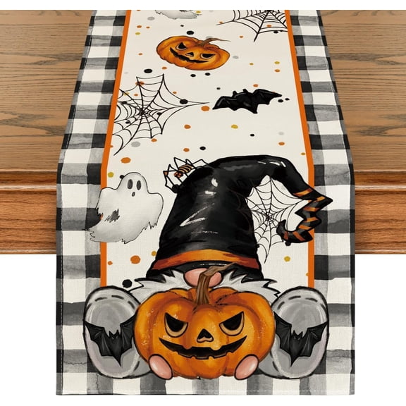 Buffalo Plaid Gnome Bat Pumpkin Ghost Halloween Table Runner, Sensonal Kitchen Dining Table Decor for Home Party 13 x 120 Inch