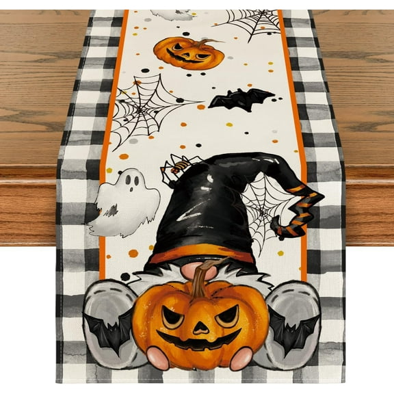 Buffalo Plaid Gnome Bat Pumpkin Ghost Halloween Table Runner, Sensonal Kitchen Dining Table Decor for Home Party 13x36 Inch