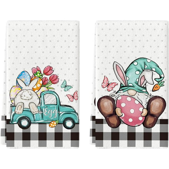 Buffalo Plaid Gnome Egg Truck Bunny Rabbit Easter Kitchen Towels Dish Towels, 18x26 Inch Seasonal Spring Decoration Hand Towels Set of 2