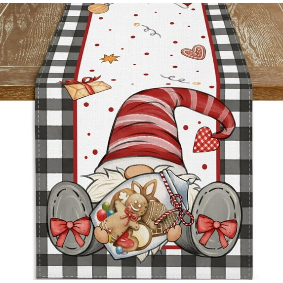 Buffalo Plaid Gnome Watercolor Botanical Christmas Table Runner 13x72 Inch, Seasonal Farmhouse Holiday Winter Rustic Burlap Xmas Runners for Table Decorations Home Party Decor