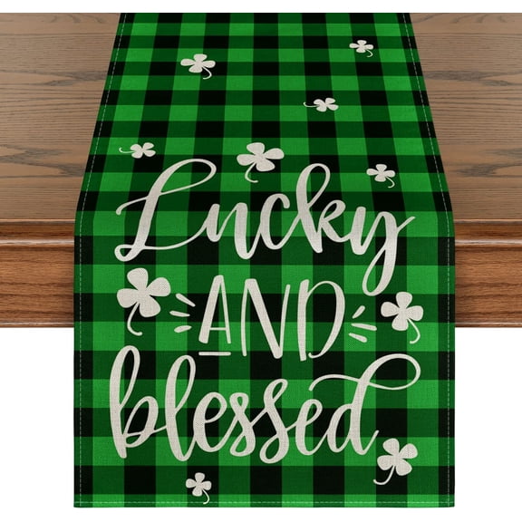 Buffalo Plaid Green Shamrock Lucky and Blessed St. Patrick''s Day Table Runner, Seasonal Spring Holiday Kitchen Dining Table Decoration for Indoor Outdoor Home Party Decor 13 x 72 Inch