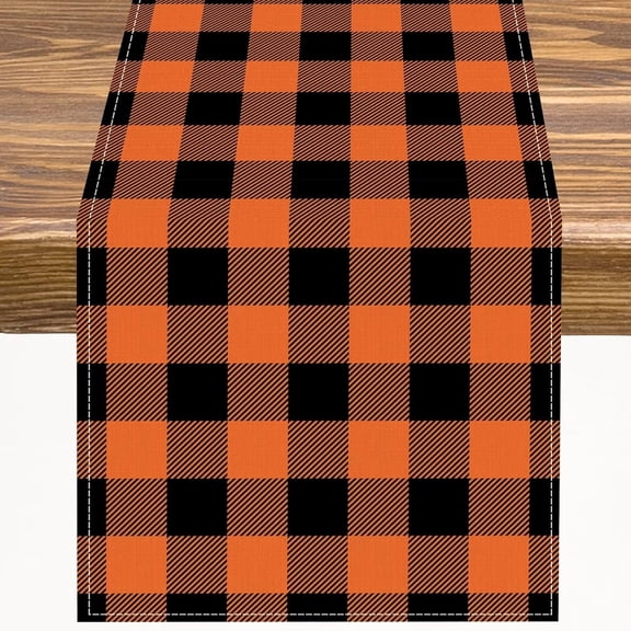 Buffalo Plaid Halloween Table Runner Orange and Black Kitchen Dinner Runner for Indoor Home Living Room Party Dining Table Decoration 13"x36"