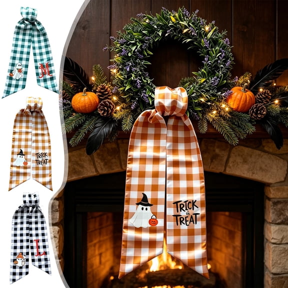 Buffalo Plaid Halloween Wreath Sash, 55.1×4.5in Polyester Ghost Print Wreath Bow Ribbon, Trick or Treat Front Door Wreath Sash for Halloween Farmhouse Home Decor